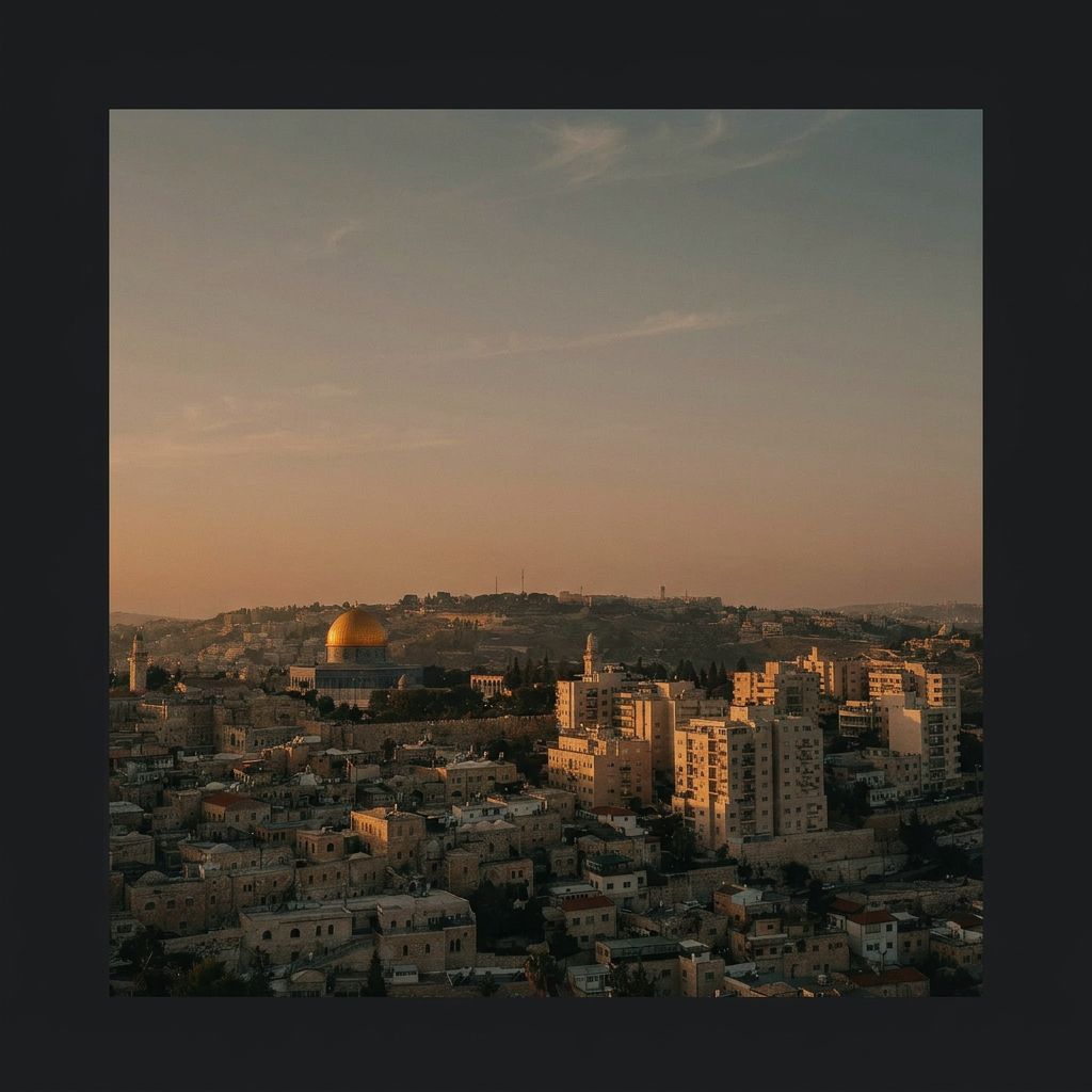 Vista aérea de Jerusalén con la Cúpula de la Roca al atardecer