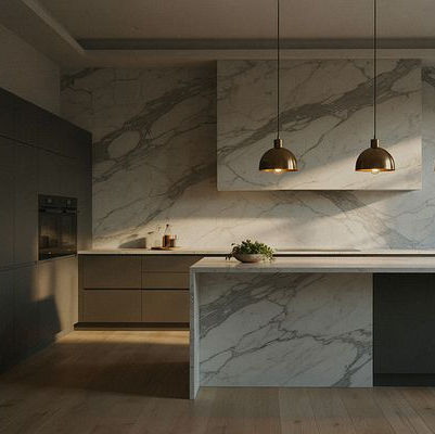 Cocina minimalista de lujo con superficie de mármol